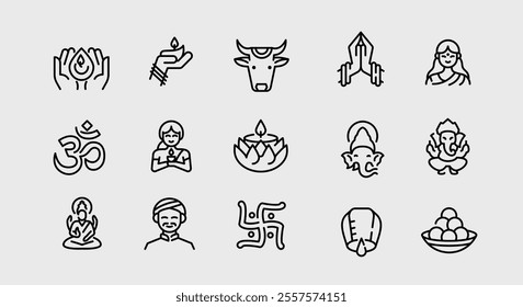 Diwali icons. Set of 15 Diwali-themed trendy minimal icons. Example: Swastika, Diya Lamp, Om, Ganesha, Lotus Flower icon. Design signs for web page, mobile app, packaging design. Vector illustration