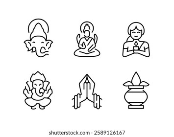 Diwali icons. Set of 6 Diwali-themed trendy minimal icons. Example:Diya Lamp, Om, Ganesha, Lotus Flower icon. Design signs for web page, mobile app, packaging design. Vector illustration