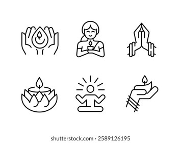 Diwali icons. Set of 6 Diwali-themed trendy minimal icons. Example: Diya Lamp, Om, Ganesha, Lotus Flower icon. Design signs for web page, mobile app, packaging design. Vector illustration