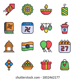 Diwali icons set. colored outline vector editable icons. Diwali Hindu festival elements. 