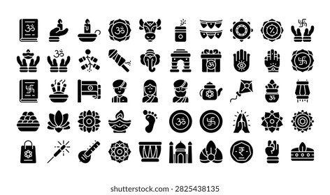 Diwali icons set in Solid design. Including diwali, deepavali, india, indian, hindu, hinduism, festival, light icon and more. Outline icons collection.