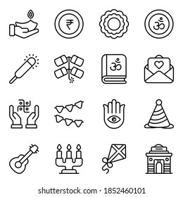 Diwali icons set. Thin line vector editable icons. Diwali Hindu festival elements. 