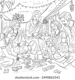 diwali illustration, family playing card on diwali illustration. family celeberating diwali.