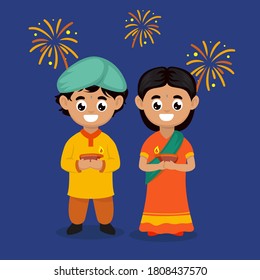 Diwali India couple kids mascot design illustration