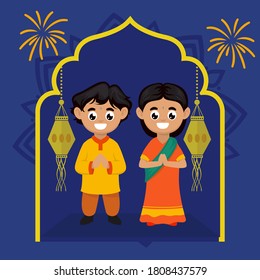 Diwali India couple kids mascot design illustration