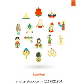 Diwali. Indian Festival Icons. Simple and Minimalistic Style. Vector