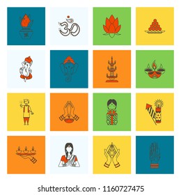 Diwali. Indian Festival Icons. Simple and Minimalistic Style. Vector