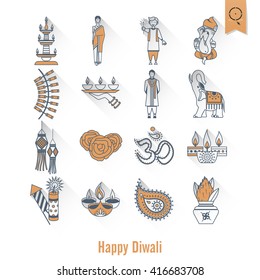 Diwali. Indian Festival Icons. Simple and Minimalistic Style. Vector