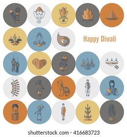 Diwali. Indian Festival Icons. Simple and Minimalistic Style. Vector