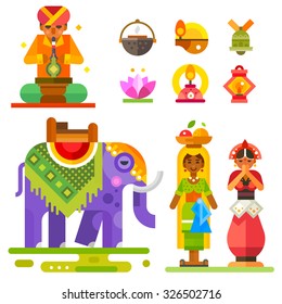 Diwali  - Indian festival of lights: Indian man and women, an elephant, lanterns, water lily flower. Flat stock vector illustration set. 