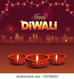 Diwali (Indian festival of lights) night background with illuminated litlamps, and decorating lights, Urban city background.