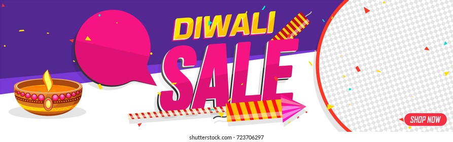 Diwali (Indian Festival Of Lights) Sale, Web Banner With Illuminated Lit Lamp, Firecrackers And Space For Products Images.