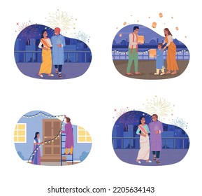 Diwali Indian holiday 2D vector isolated illustrations set. Ancient fest celebrating flat characters on cartoon background. Traditions colourful editable scenes for mobile, website, presentation pack