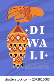 Diwali Indianer Nationalfeiertag. Poster mit Hand hält Diwali Lampe. Feiern Sie traditionelle orientalische Veranstaltung. Flacher Stil in Vektorgrafik. Platz vor dem Text. Lichterfest.