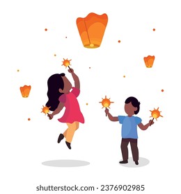 diwali kids with lantern isolated illustration