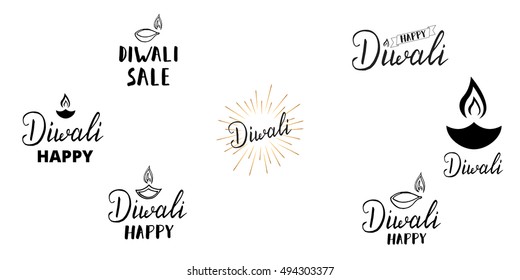 Diwali labels set. Hand drawn brush lettering for Diwali festival. Diwali typographic labels 