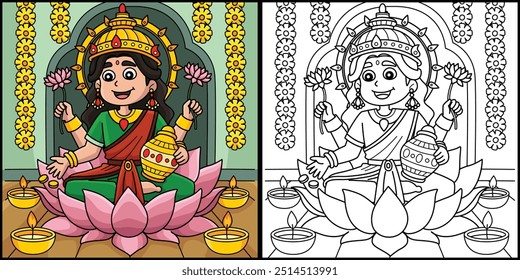 Diwali Lakshmi Coloring Page Colored Illustration