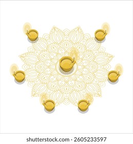 Diwali Lamp arrangement with rangoli. Happy Diwali - Clay Diya lamps lit during Diwali, Hindu festival of lights celebration. Colorful traditional oil lamp diya. 2628
