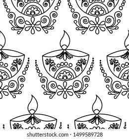 Diwali Lamp with flower Decoration - Indian Traditional and Cultural Rangoli, Alpona, Kolam or Paisley vector line art is in Seamless Pattern