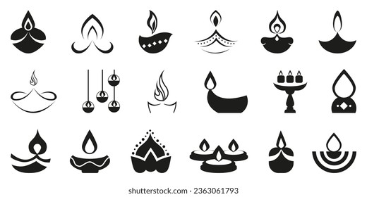 Diwali lamp icon collection. Candle oil lamp logo in black. Diwali lamp icons