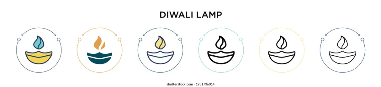 Diwali lamp icon in filled, thin line, outline and stroke style. Vector illustration of two colored and black diwali lamp vector icons designs can be used for mobile, ui, web