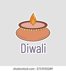 Ilustração da lâmpada de Diwali. Simples adesivo de vetor com diya de argila iluminado e texto roxo, adequado para saudações do festival, convites ou gráficos de decoração simbolizando a luz sobre a escuridão