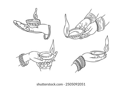 Lámparas Diwali en manos doodle set. Etiqueta engomada monocromática del contorno del Vector con las diyas de vacaciones ardientes aisladas en el fondo blanco. Dibujo incompleto relacionado con la festividad india