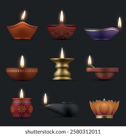 Diwali lamps Indian traditional decorative fire flame set realistic vector illustration. Glowing Hinduism ornamental accessory burning blaze for cosiness relax spirituality meditation