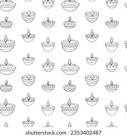 Diwali lamps seamless pattern. Happy Diwali diya vector pattern