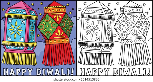 Diwali Lantern Coloring Page Colored Illustration