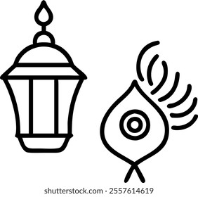 Diwali lantern and floating peacock feather with radiant highlights isolated on white background concept as An elegant element featuring a Diwali lantern paired with a floating peacock feather both wi