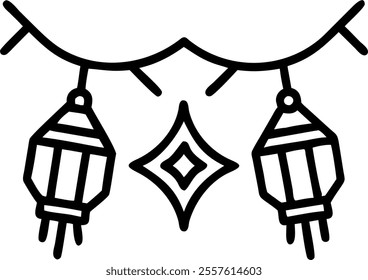 Diwali lantern and toran with glowing edges isolated on white background concept as An abstract vector featuring a Diwali lantern paired with a traditional toran both with glowing edges. The elements