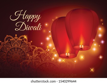 Diwali lanterns realistic composition with editable ornate text flying paper lanterns and shining particles light specks vector illustration