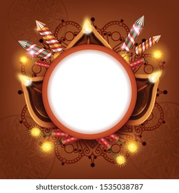 Diwali lanterns realistic composition with empty round frame surrounded by festive lights candles and ornamental drawings vector illustration