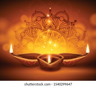 Diwali lanterns realistic composition with images of candles and blurred lights background with specks and drawings vector illustration