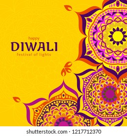 Diwali light festival design. Purple color on yellow background. Vector illustration. Diwali Hindu festival greeting card. 