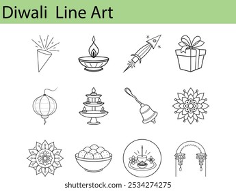 Diwali Line Art: Símbolos e Decorações Festivos