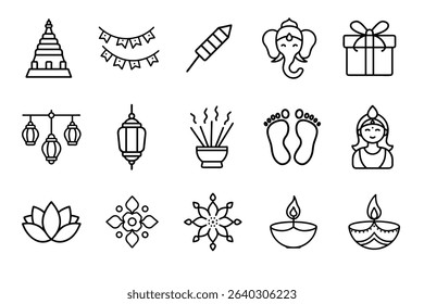 diwali line art icon set