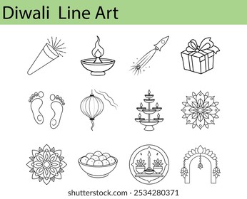 Diwali Line Art Icons Festival Celebration