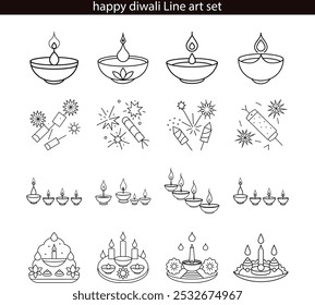 Diwali Line Art Set: Lamps, Firecrackers, Candles