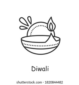 Diwali line icon. Burning oil lamp. Diya. Indian festival of lights. Traditional hindu religious holiday. Indian culture, traditions and customs. Isolated vector illustration. Editable stroke 