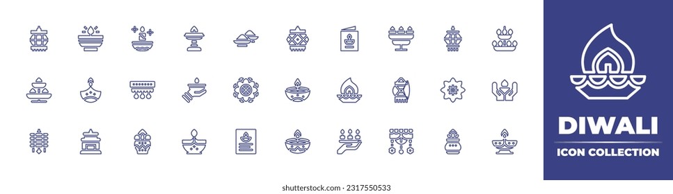 Diwali line icon collection. Editable stroke. Vector illustration. Containing diwali lamp, candle, dust, lantern, greeting card, candles, oil lamp, candelabra, decoration, hand, rangoli, lamp, chakra.