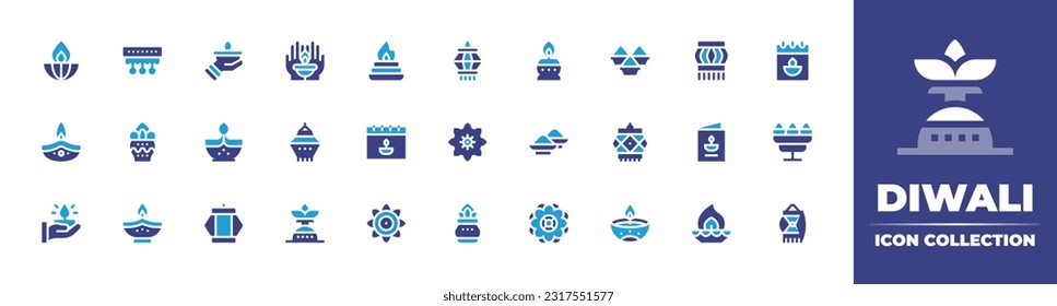 Diwali line icon collection. Editable stroke. Vector illustration. Containing candle, decoration, hand, two hands, fire, lantern, oil lamp, powder, calendar, lamp, kumbh kalash, sail, chakra, dust.