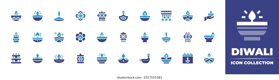 Diwali line icon collection. Editable stroke. Vector illustration. Containing diwali, diwali lamp, flower, oil lamp, decoration, candle, kumbh kalash, diya, fire, lantern, candles.