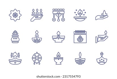 Diwali line icon set. Editable stroke. Vector illustration. Containing chakra, candles, decoration, oil lamp, candle, kumbh kalash, diya, diwali, lantern, diwali lamp.