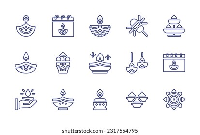 Diwali line icon set. Editable stroke. Vector illustration. Containing oil lamp, diwali, spark, candelabra, lamp, kumbh kalash, candle, decoration, calendar, powder, rangoli.