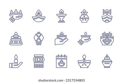 Diwali Linie Symbol Set. Bearbeitbarer Strich. Vektorgrafik. Mit Kerzen, Tiefgang, Kerze, Kumbh Kalash, Öllampe, Kandelabra, Laterne, Hand, zwei Hände, Kalender, Segel.