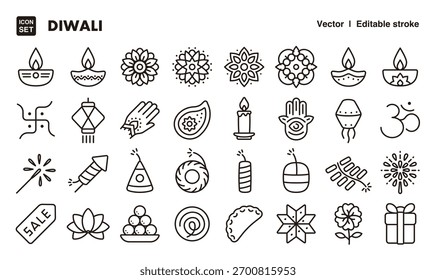 Conjunto de iconos de línea Diwali. Vector icono de trazo editable.