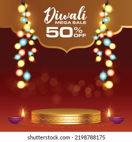 Diwali mega sale concept with golden podium for product and decorated with hanging led lights and diya