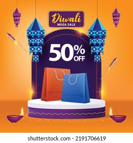 Diwali Mega Sale Discount Concept With Shopping Bags On Product Podium